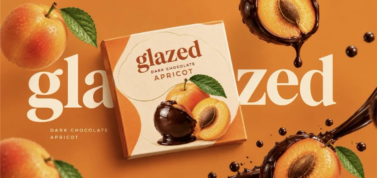 Glazed apricot packaging reference on a warm orange background
