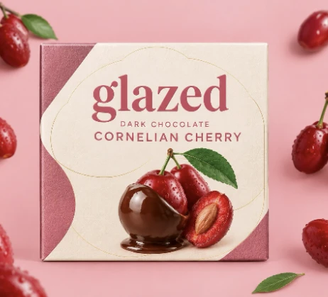 Glazed cornelian cherry packaging reference with pink fruit imagery