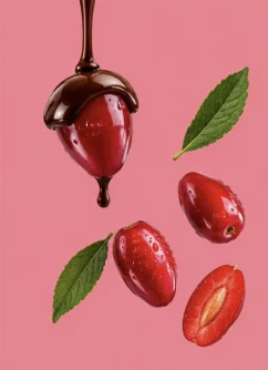 Supplied reference artwork of cornelian cherries with chocolate